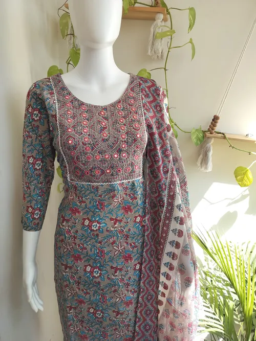 Cotton Mix Salwar Set - Blue & Red Multishade